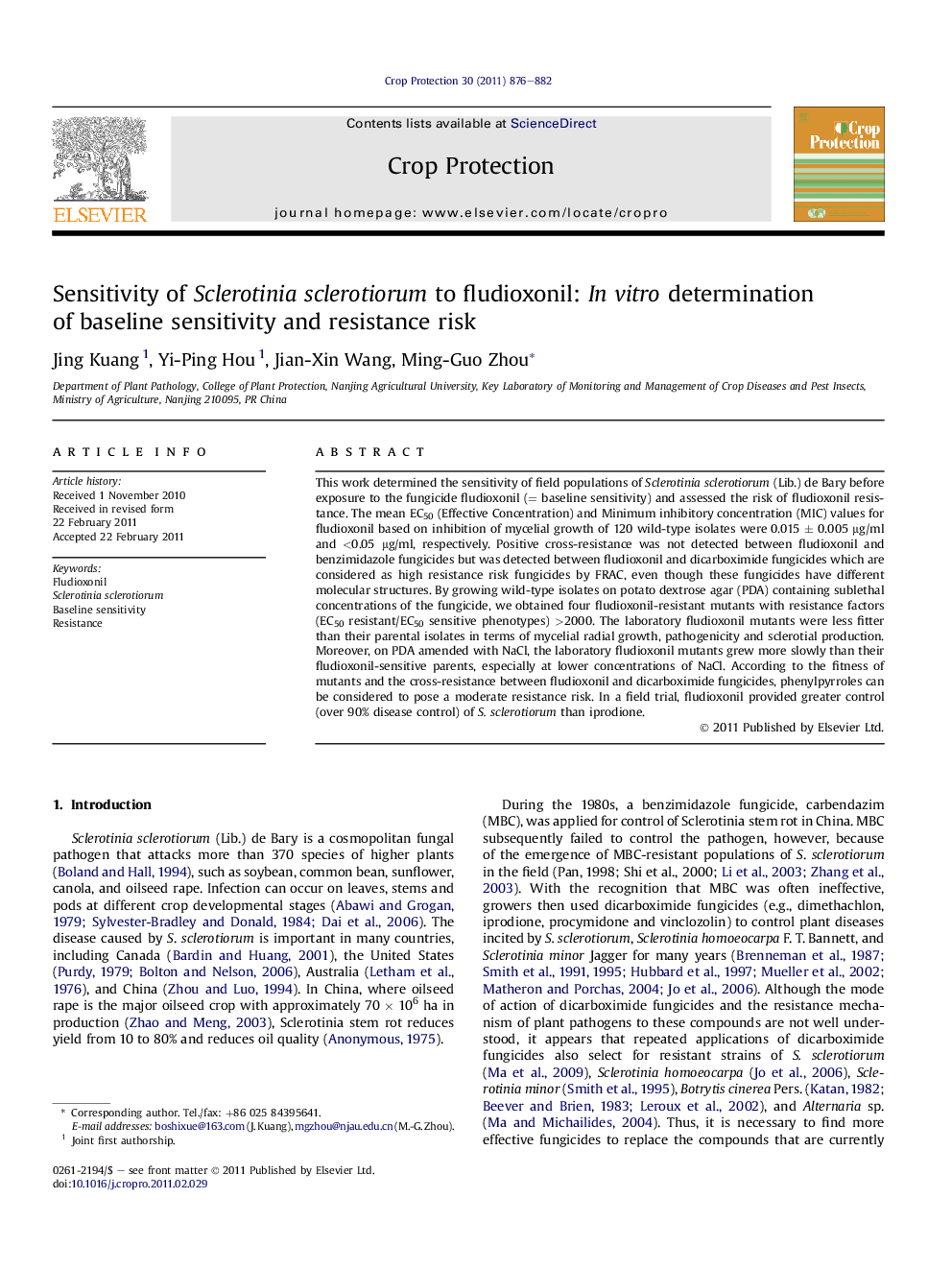 Sensitivity of Sclerotinia sclerotiorum to fludioxonil: In vitro determination of baseline sensitivity and resistance risk