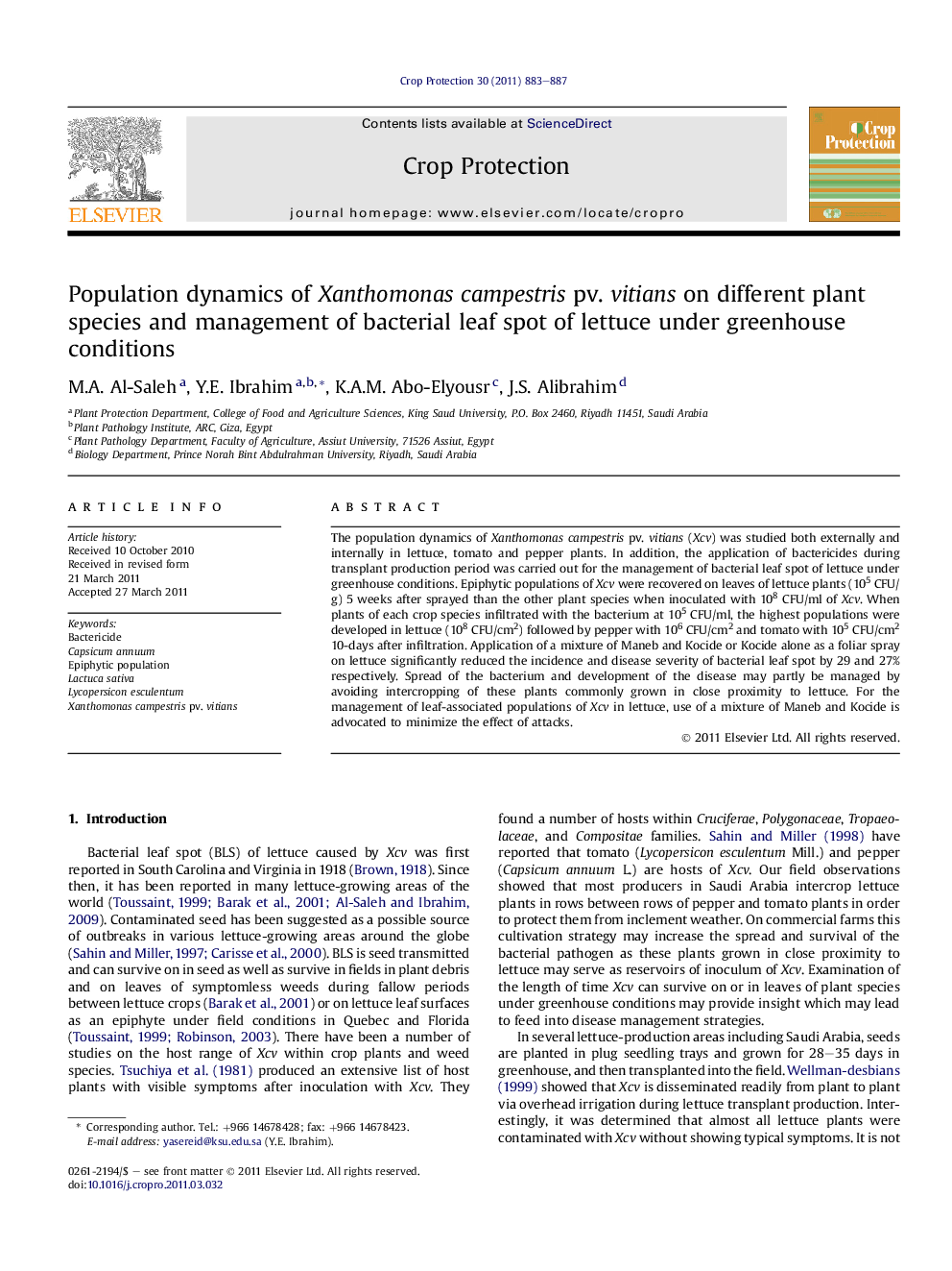 Population dynamics of Xanthomonas campestris pv. vitians on different plant species and management of bacterial leaf spot of lettuce under greenhouse conditions