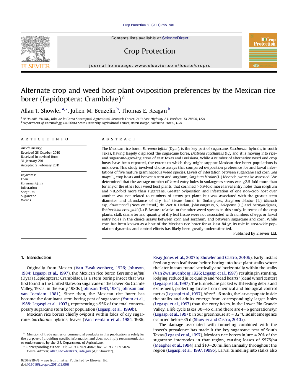 Alternate crop and weed host plant oviposition preferences by the Mexican rice borer (Lepidoptera: Crambidae)