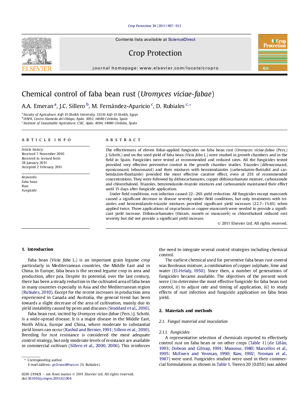 Chemical control of faba bean rust (Uromyces viciae-fabae)