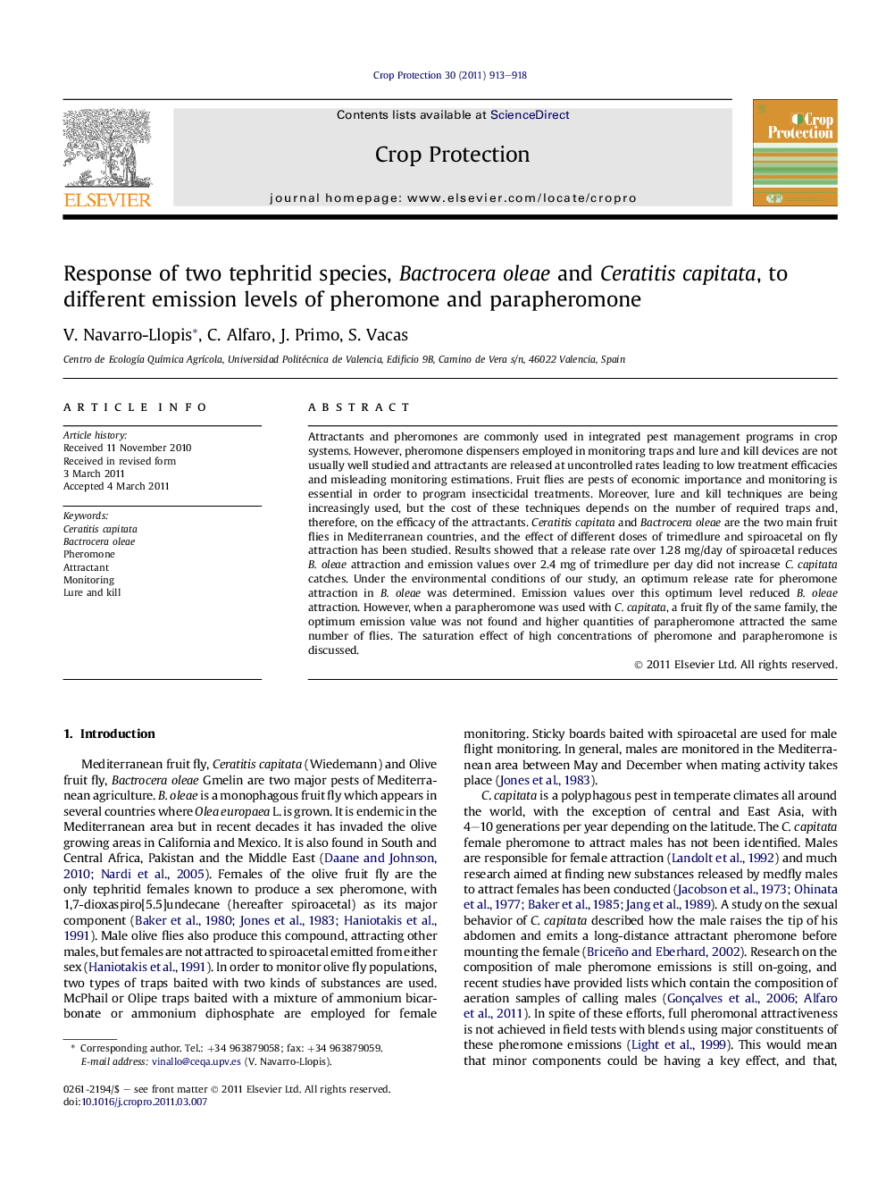 Response of two tephritid species, Bactrocera oleae and Ceratitis capitata, to different emission levels of pheromone and parapheromone