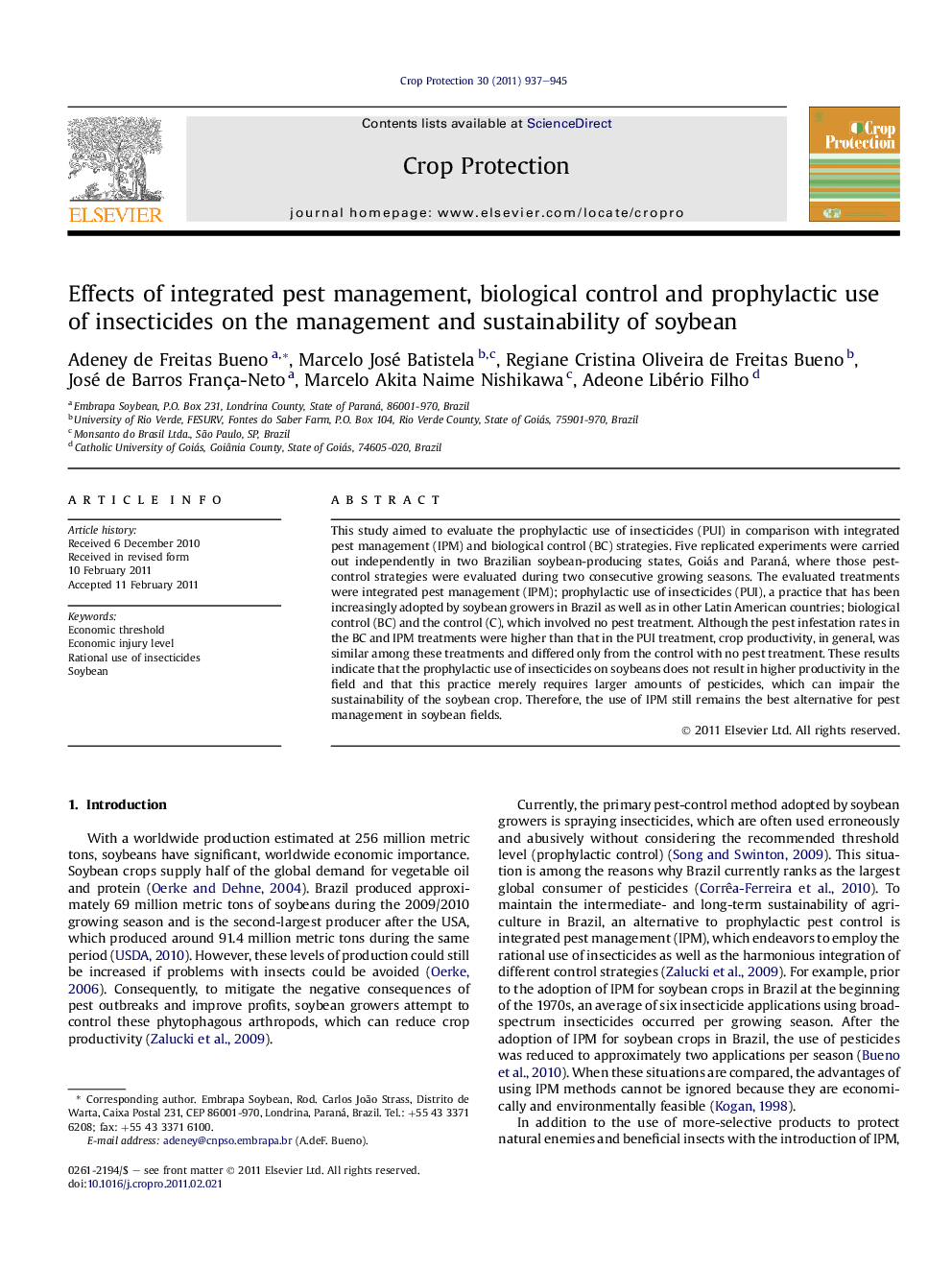 Effects of integrated pest management, biological control and prophylactic use of insecticides on the management and sustainability of soybean