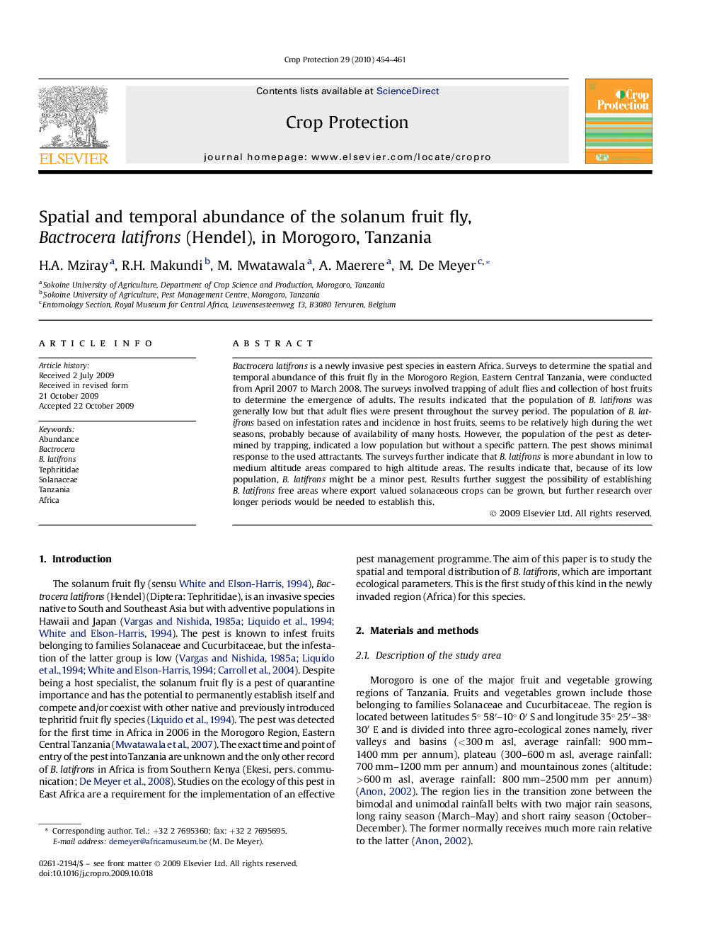 Spatial and temporal abundance of the solanum fruit fly, Bactrocera latifrons (Hendel), in Morogoro, Tanzania