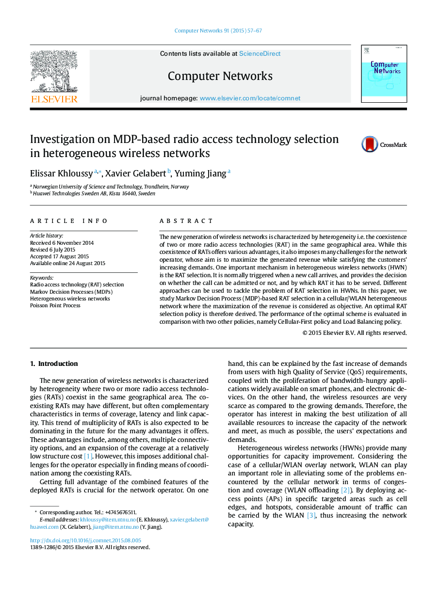 Investigation on MDP-based radio access technology selection in heterogeneous wireless networks