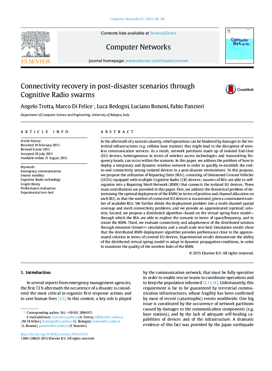 Connectivity recovery in post-disaster scenarios through Cognitive Radio swarms