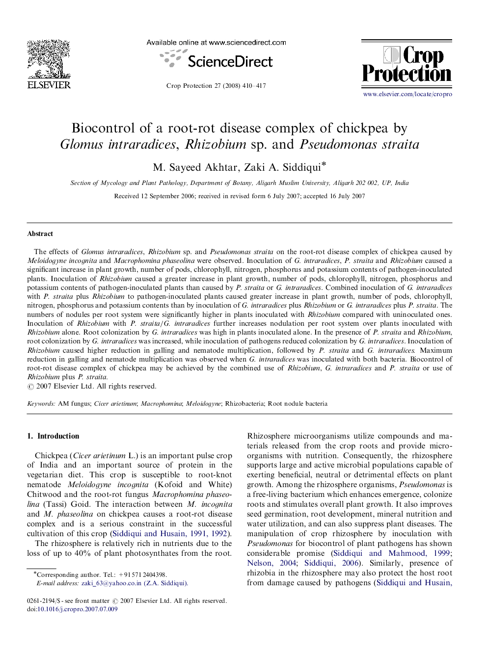 Biocontrol of a root-rot disease complex of chickpea by Glomus intraradices, Rhizobium sp. and Pseudomonas straita