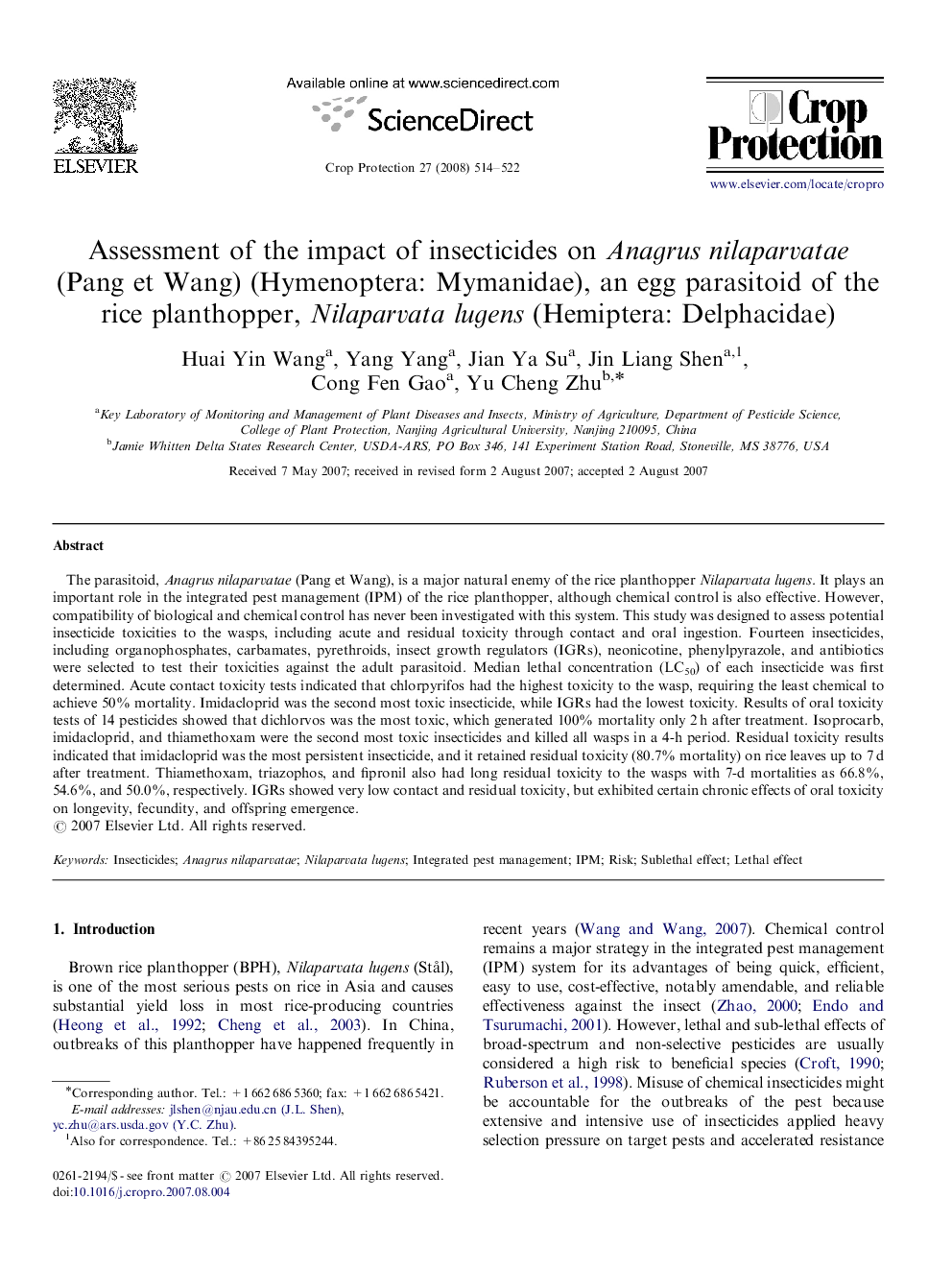 Assessment of the impact of insecticides on Anagrus nilaparvatae (Pang et Wang) (Hymenoptera: Mymanidae), an egg parasitoid of the rice planthopper, Nilaparvata lugens (Hemiptera: Delphacidae)