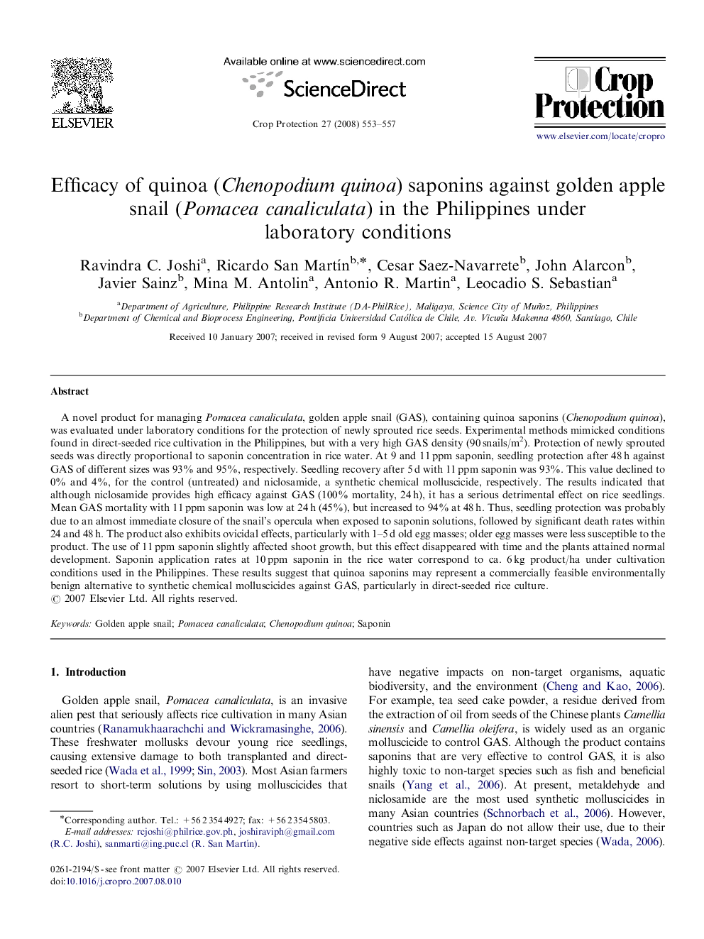 Efficacy of quinoa (Chenopodium quinoa) saponins against golden apple snail (Pomacea canaliculata) in the Philippines under laboratory conditions