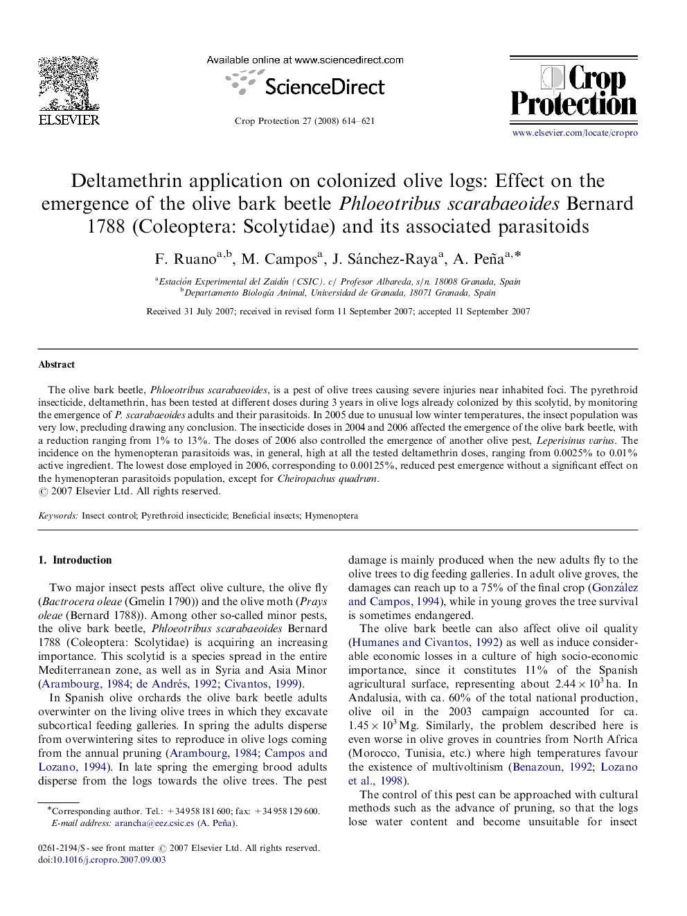 Deltamethrin application on colonized olive logs: Effect on the emergence of the olive bark beetle Phloeotribus scarabaeoides Bernard 1788 (Coleoptera: Scolytidae) and its associated parasitoids