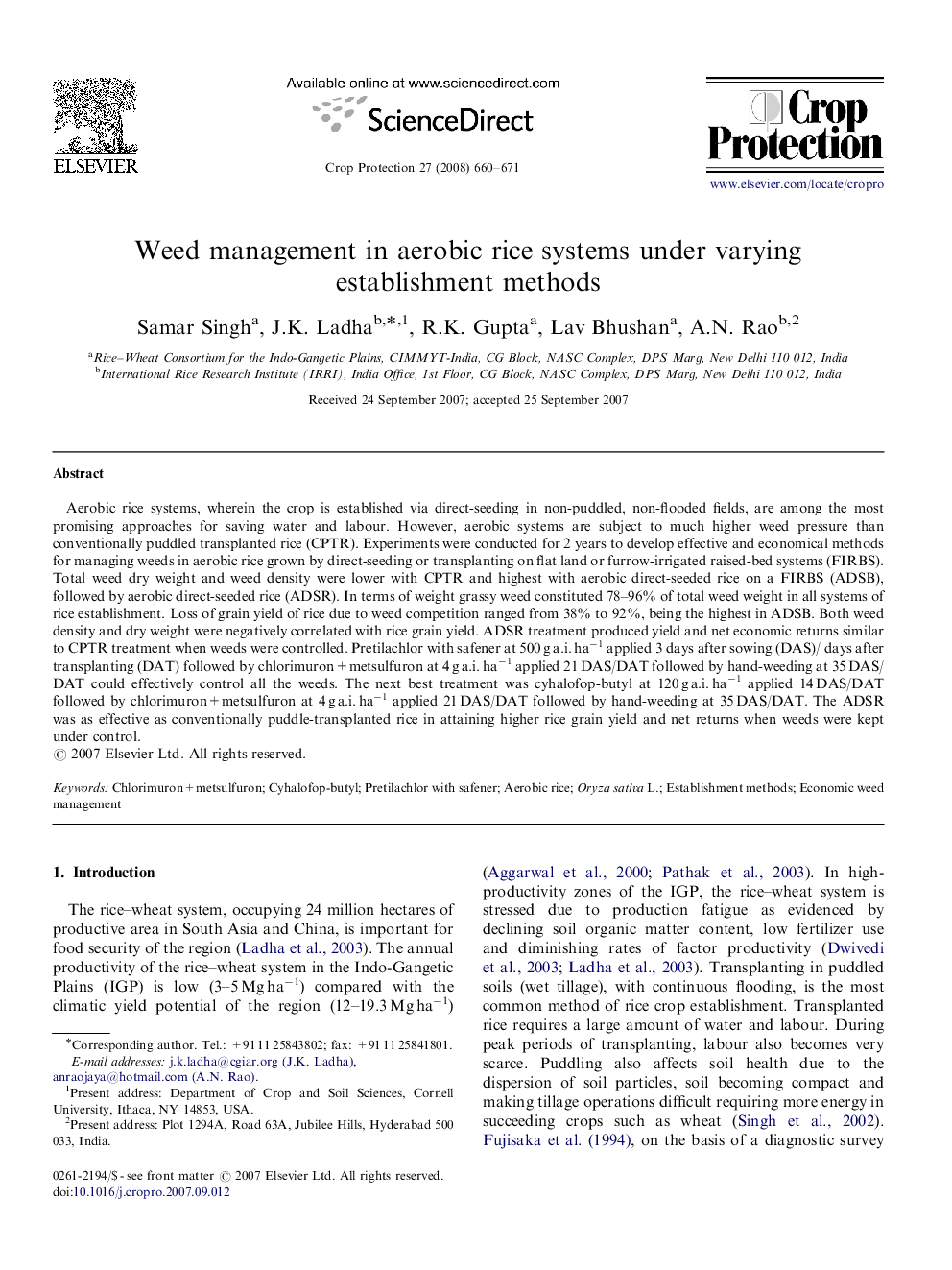 Weed management in aerobic rice systems under varying establishment methods