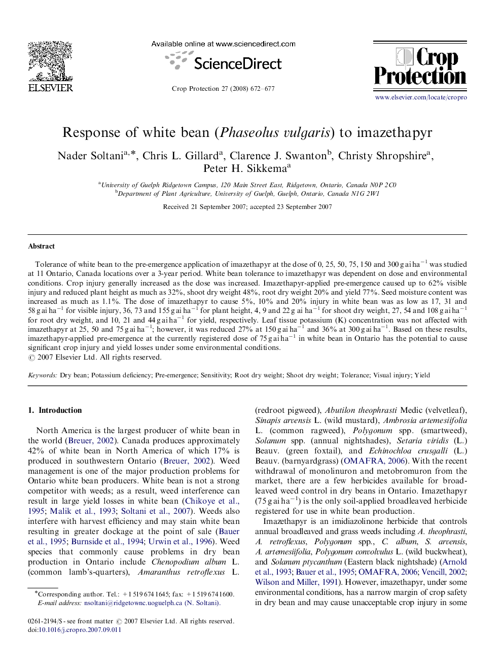 Response of white bean (Phaseolus vulgaris) to imazethapyr