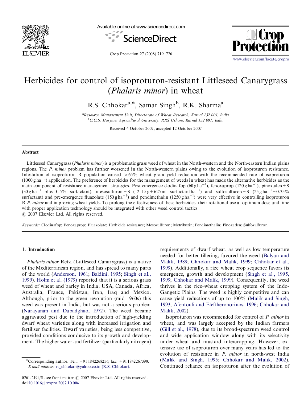 Herbicides for control of isoproturon-resistant Littleseed Canarygrass (Phalaris minor) in wheat