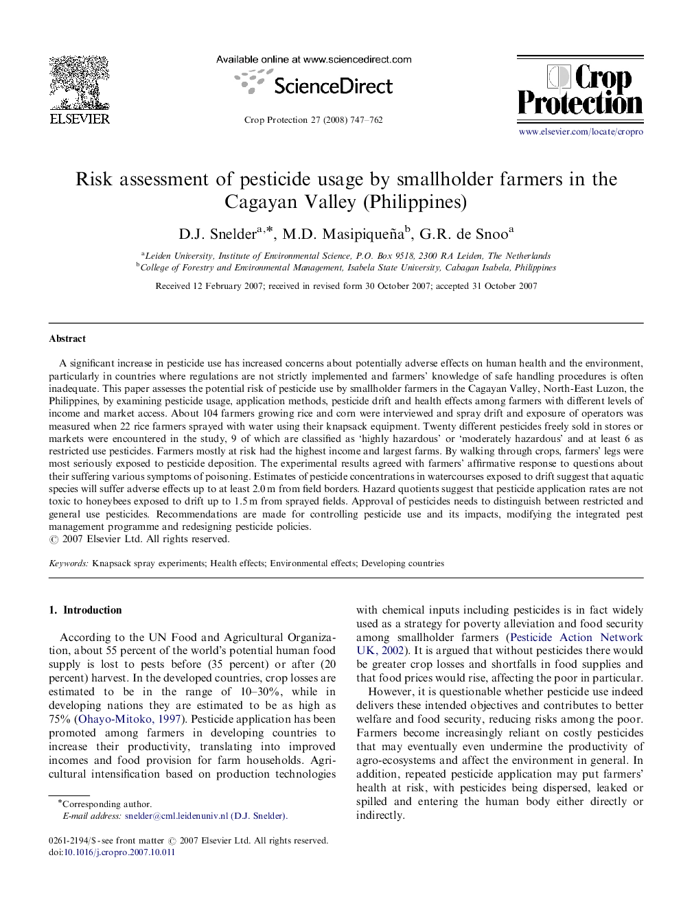 Risk assessment of pesticide usage by smallholder farmers in the Cagayan Valley (Philippines)