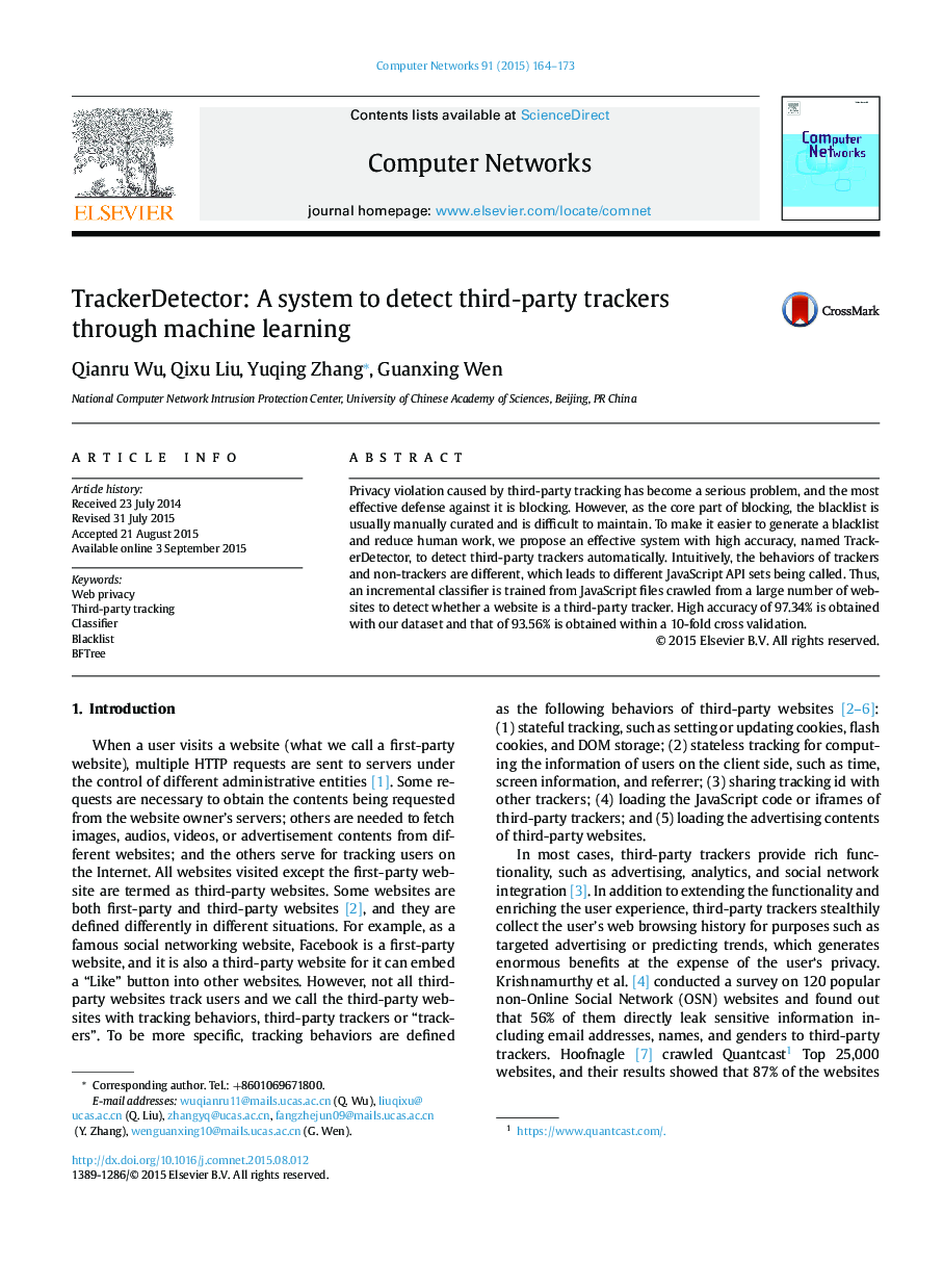 TrackerDetector: A system to detect third-party trackers through machine learning