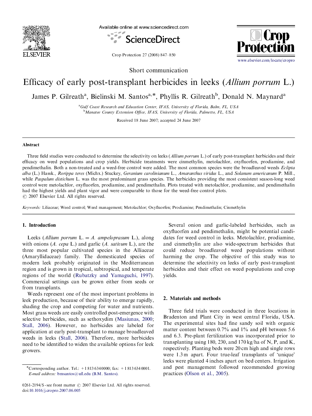 Efficacy of early post-transplant herbicides in leeks (Allium porrum L.)