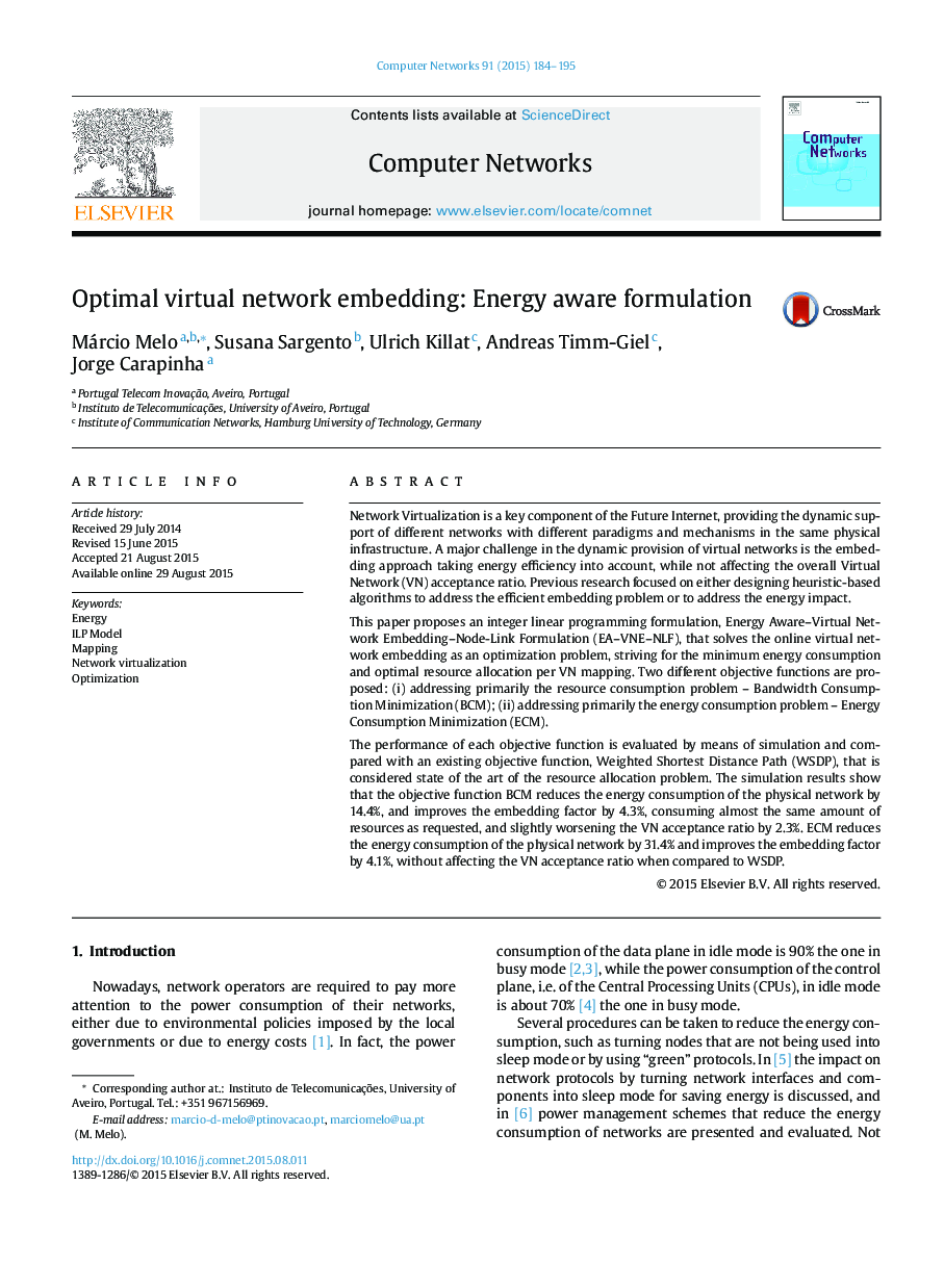 Optimal virtual network embedding: Energy aware formulation