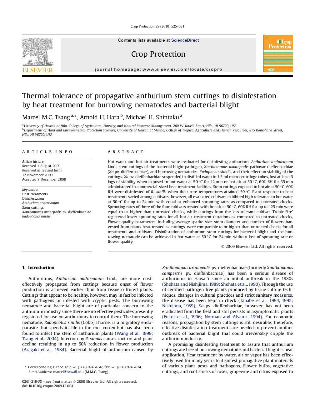 Thermal tolerance of propagative anthurium stem cuttings to disinfestation by heat treatment for burrowing nematodes and bacterial blight