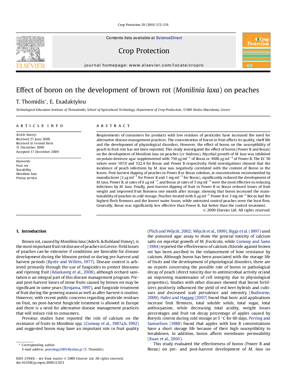 Effect of boron on the development of brown rot (Monilinia laxa) on peaches