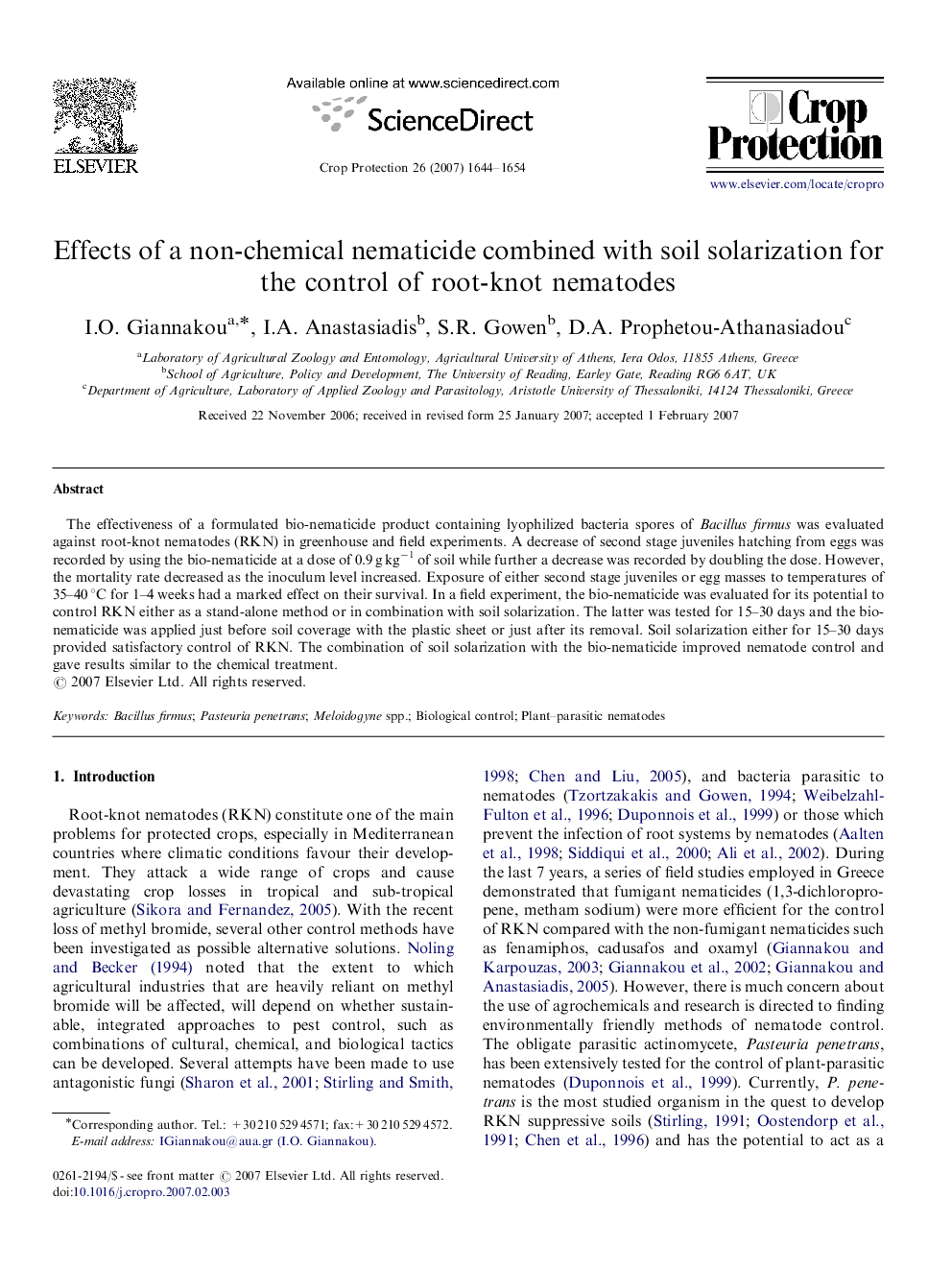 Effects of a non-chemical nematicide combined with soil solarization for the control of root-knot nematodes