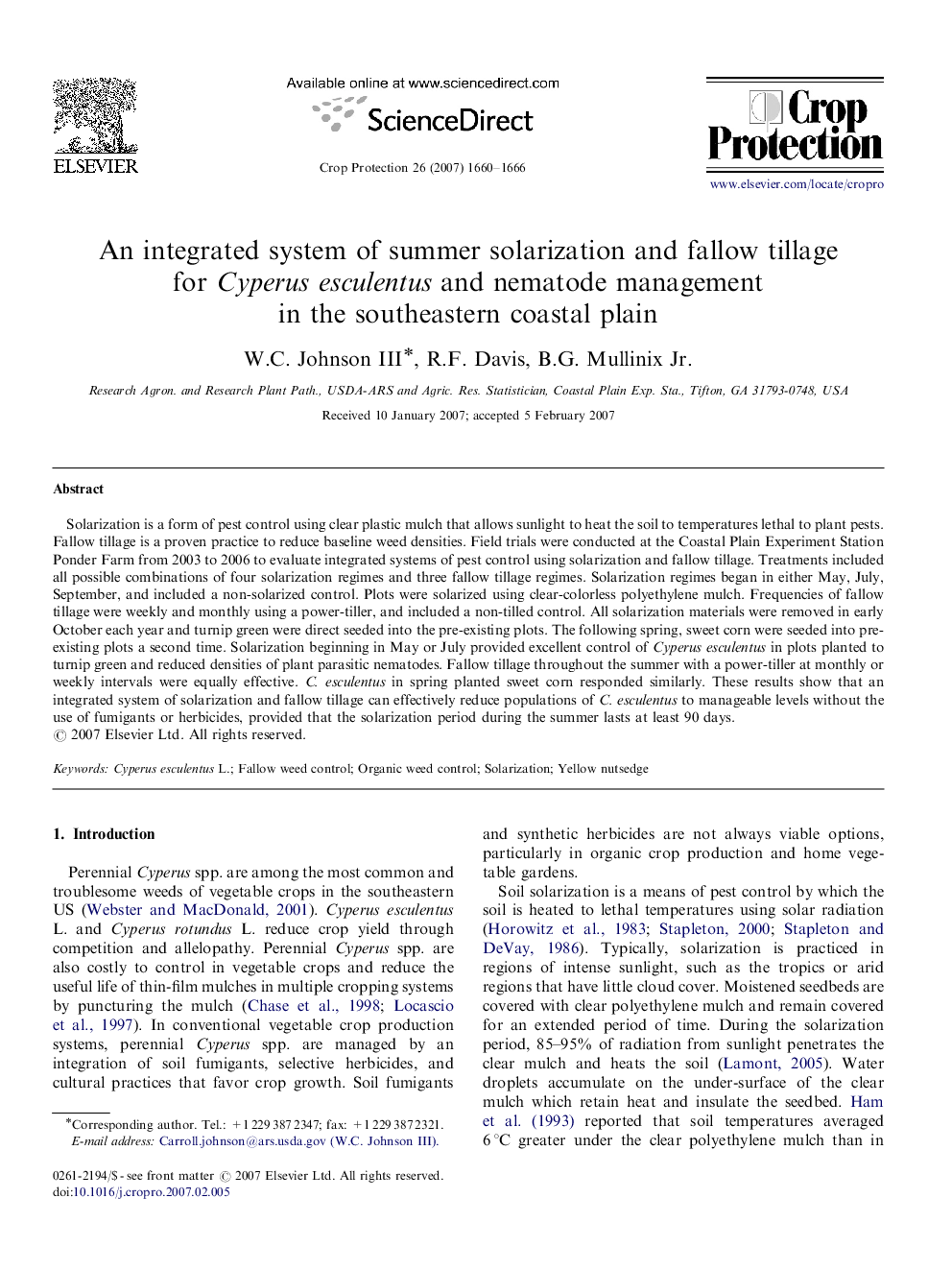 An integrated system of summer solarization and fallow tillage for Cyperus esculentus and nematode management in the southeastern coastal plain