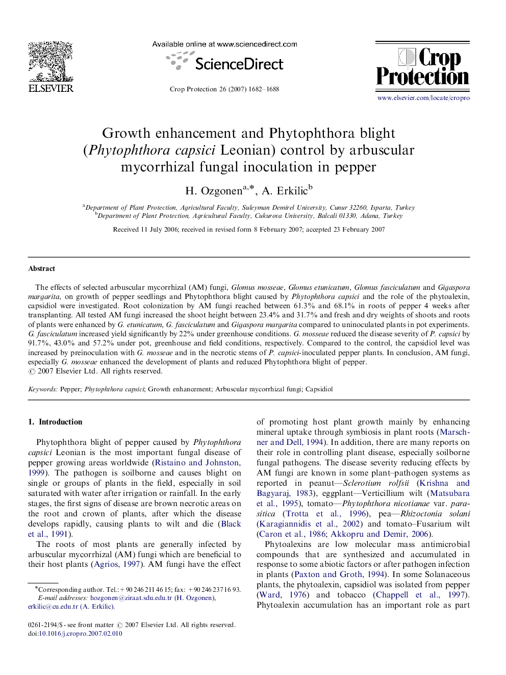 Growth enhancement and Phytophthora blight (Phytophthora capsici Leonian) control by arbuscular mycorrhizal fungal inoculation in pepper