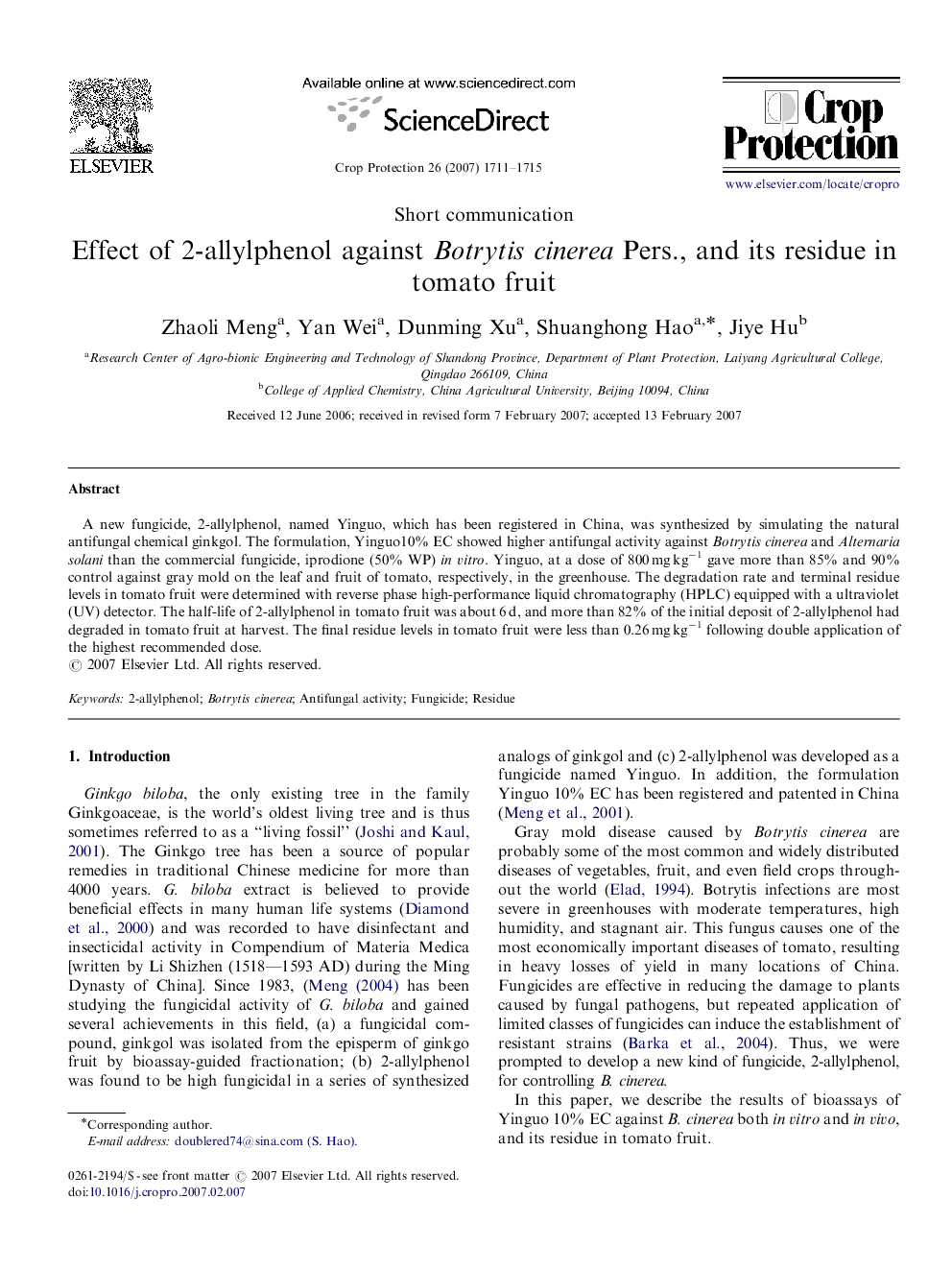 Effect of 2-allylphenol against Botrytis cinerea Pers., and its residue in tomato fruit