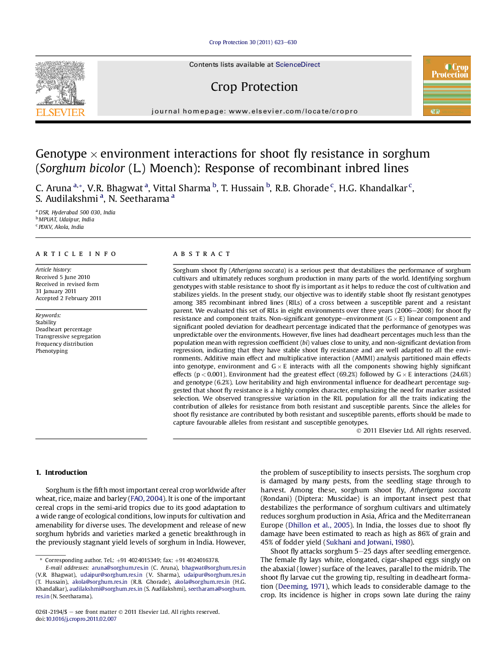 GenotypeÂ ÃÂ environment interactions for shoot fly resistance in sorghum (Sorghum bicolor (L.) Moench): Response of recombinant inbred lines