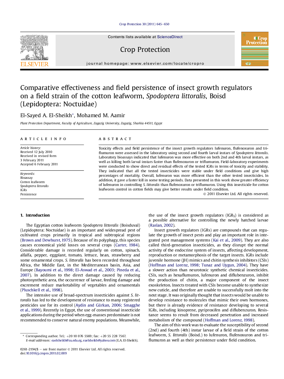 Comparative effectiveness and field persistence of insect growth regulators on a field strain of the cotton leafworm, Spodoptera littoralis, Boisd (Lepidoptera: Noctuidae)