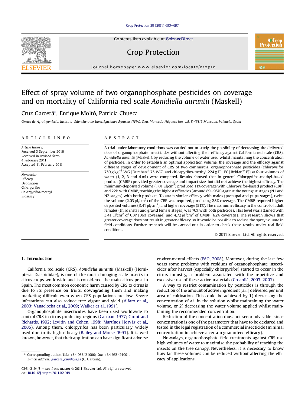 Effect of spray volume of two organophosphate pesticides on coverage and on mortality of California red scale Aonidiella aurantii (Maskell)