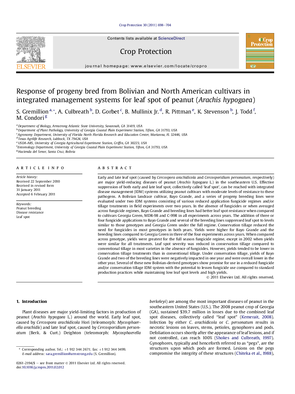 Response of progeny bred from Bolivian and North American cultivars in integrated management systems for leaf spot of peanut (Arachis hypogaea)