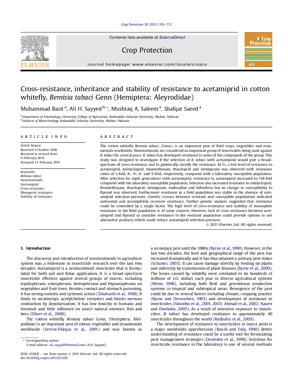 Cross-resistance, inheritance and stability of resistance to acetamiprid in cotton whitefly, Bemisia tabaci Genn (Hemiptera: Aleyrodidae)