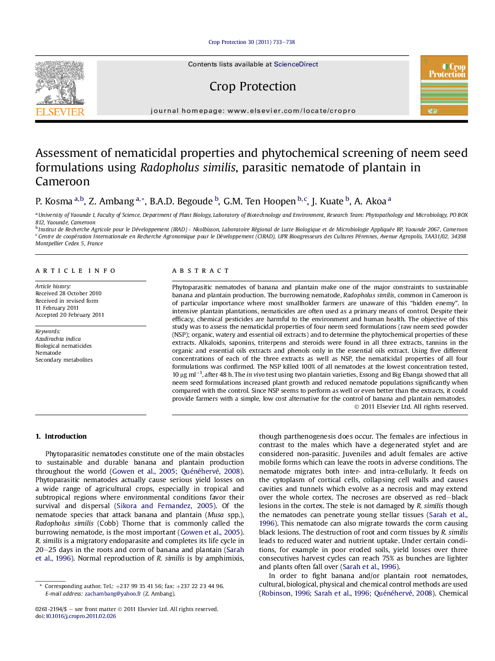 Assessment of nematicidal properties and phytochemical screening of neem seed formulations using Radopholus similis, parasitic nematode of plantain in Cameroon