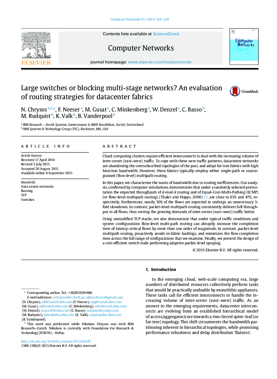 Large switches or blocking multi-stage networks? An evaluation of routing strategies for datacenter fabrics