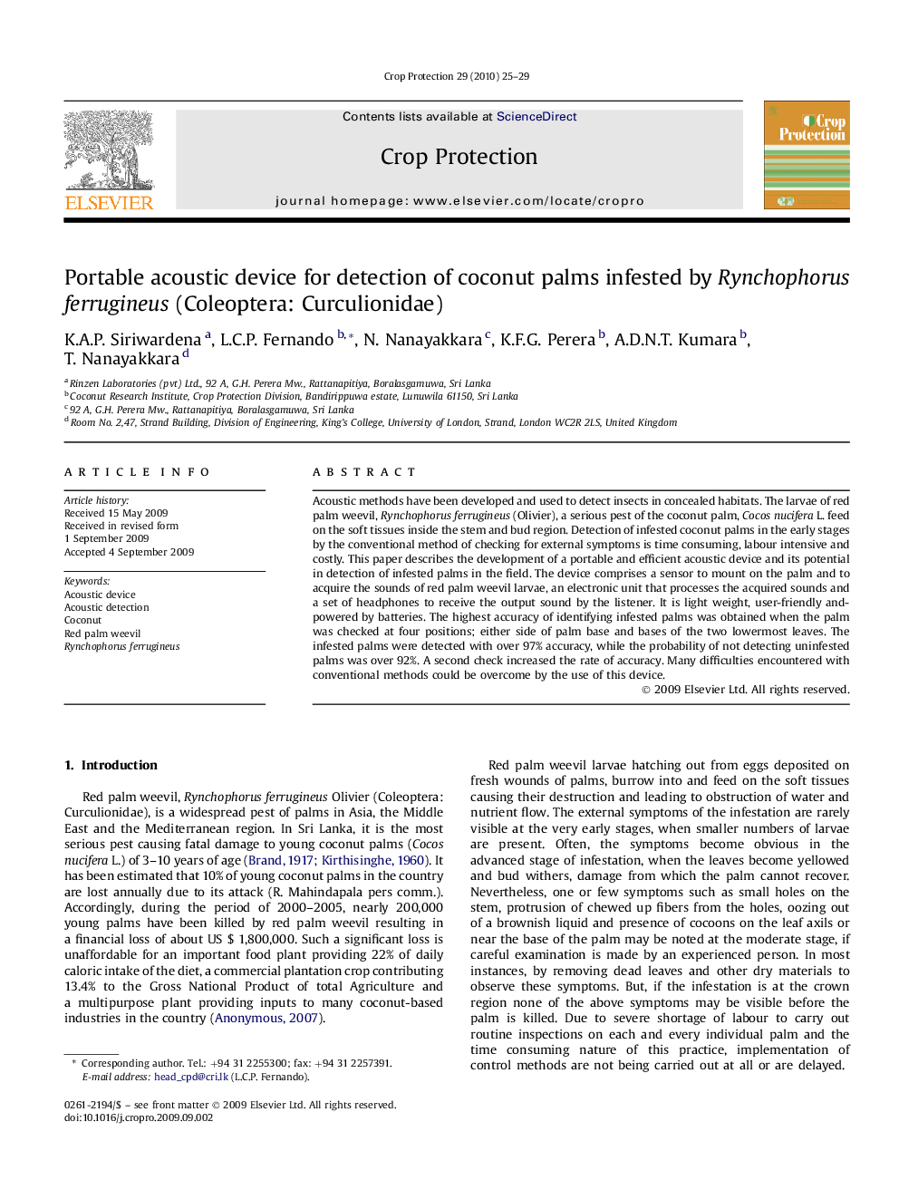 Portable acoustic device for detection of coconut palms infested by Rynchophorus ferrugineus (Coleoptera: Curculionidae)