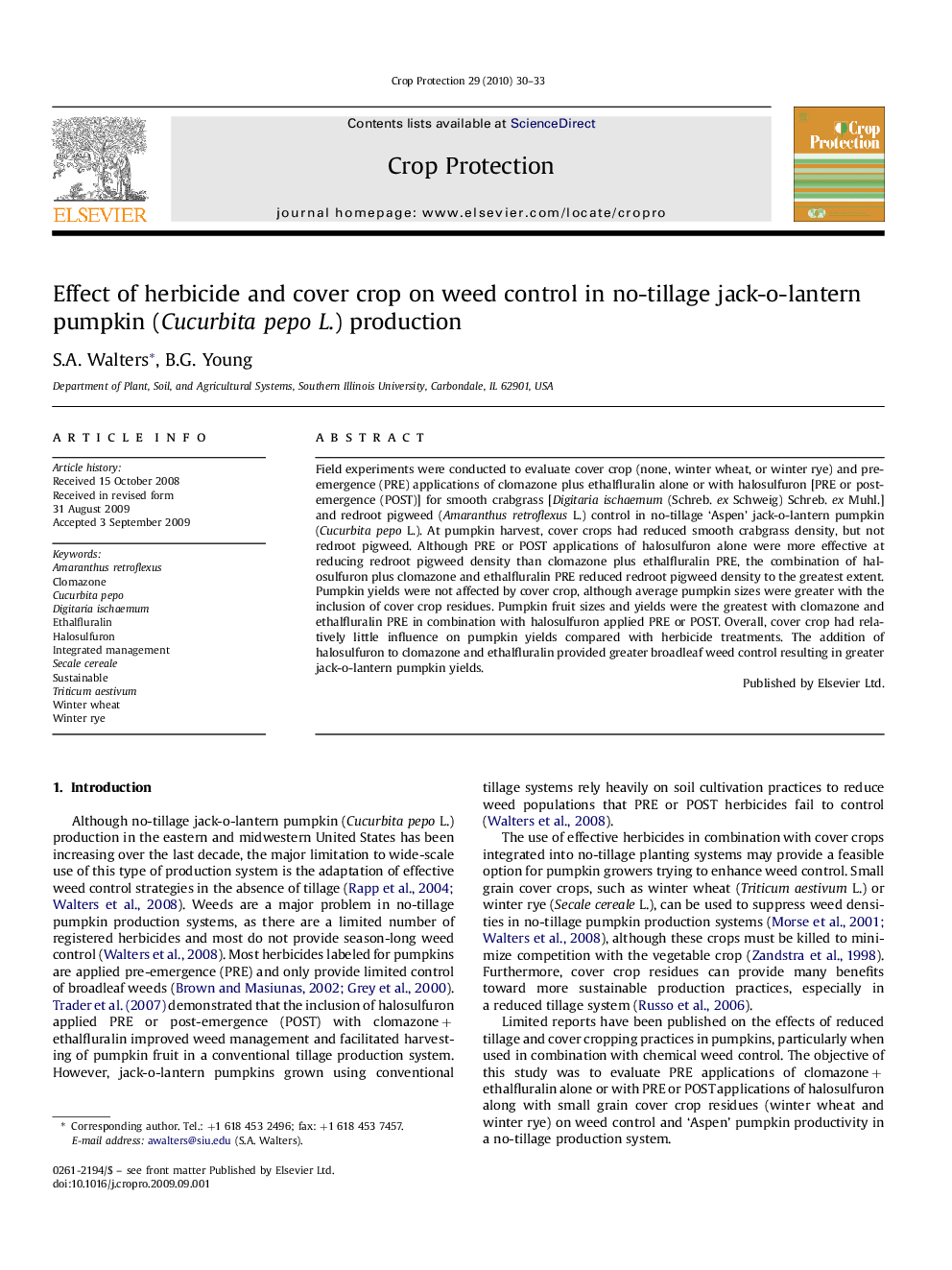 Effect of herbicide and cover crop on weed control in no-tillage jack-o-lantern pumpkin (Cucurbita pepo L.) production