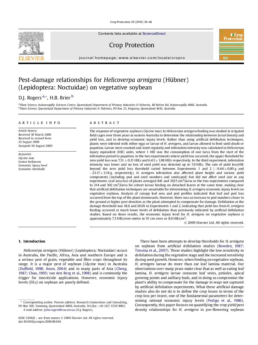 Pest-damage relationships for Helicoverpa armigera (Hübner) (Lepidoptera: Noctuidae) on vegetative soybean