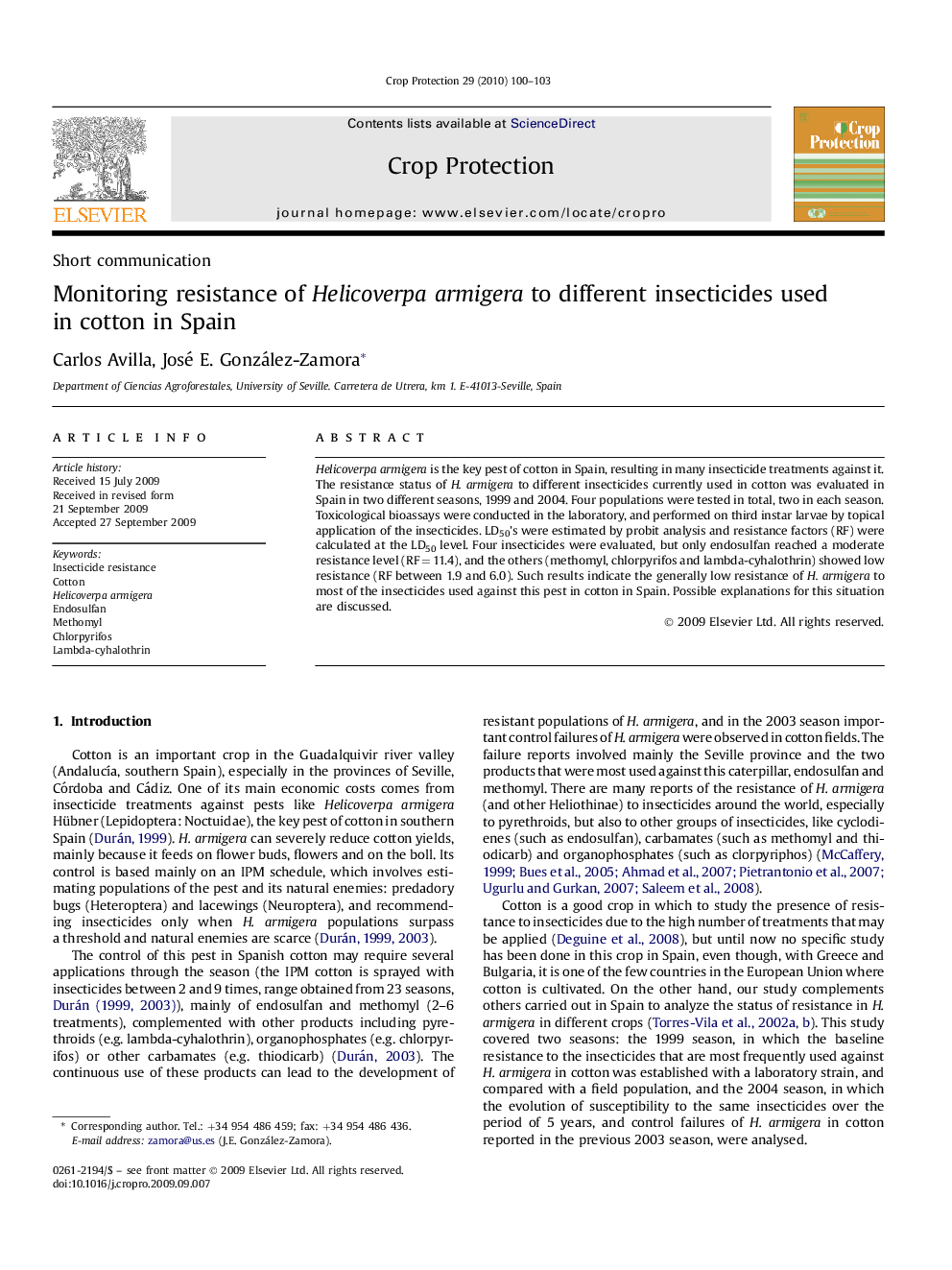 Monitoring resistance of Helicoverpa armigera to different insecticides used in cotton in Spain