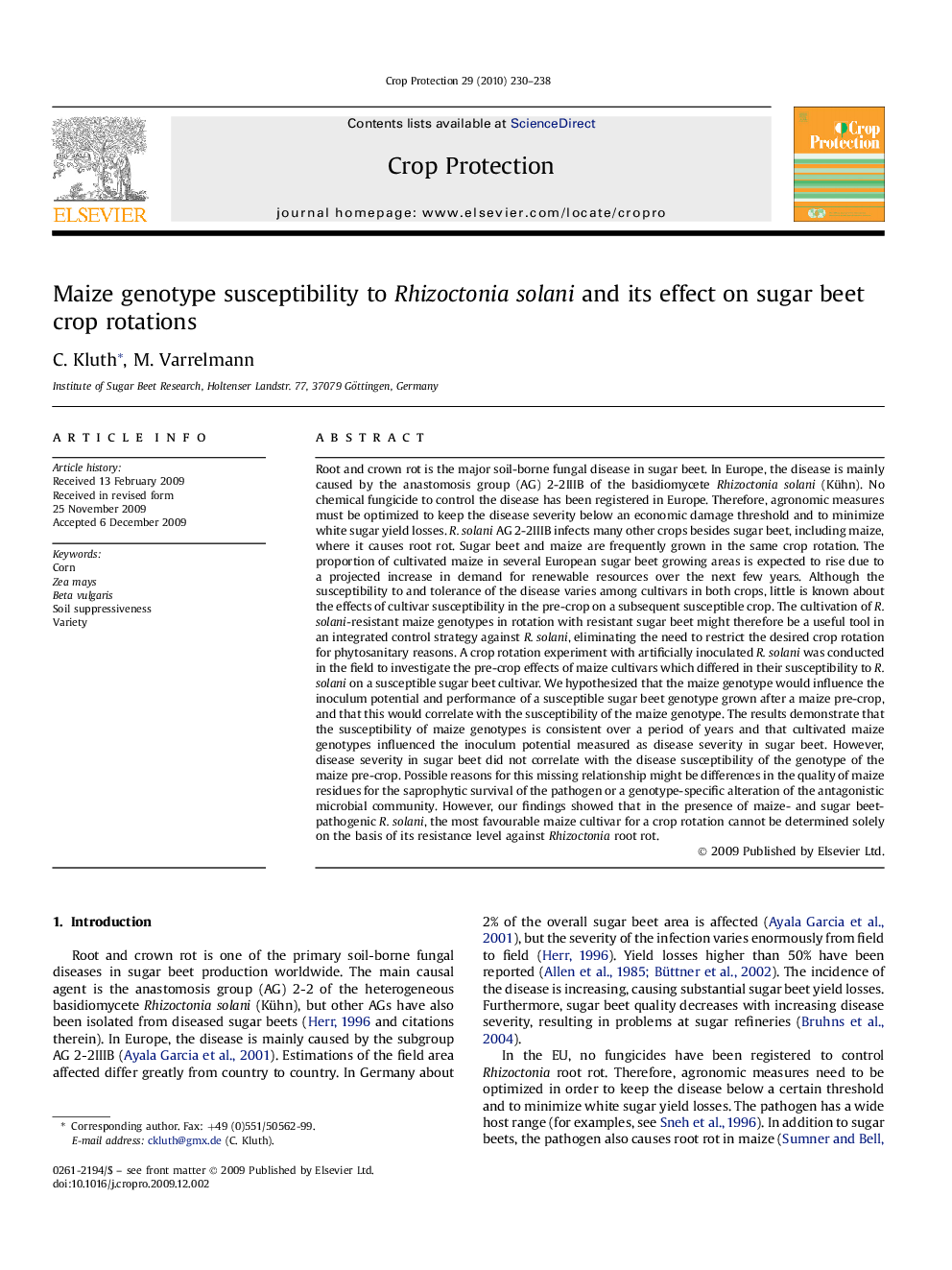 Maize genotype susceptibility to Rhizoctonia solani and its effect on sugar beet crop rotations