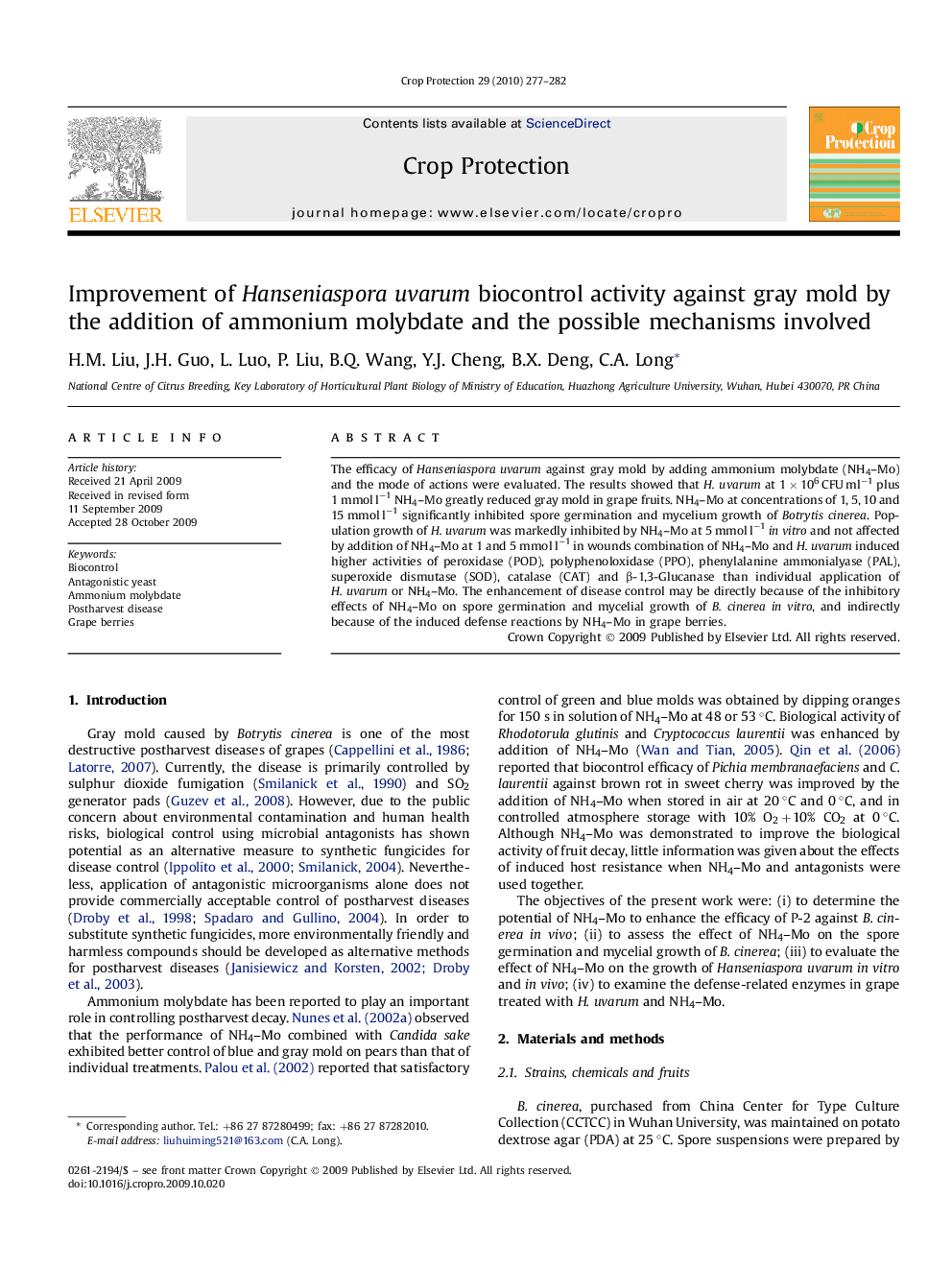 Improvement of Hanseniaspora uvarum biocontrol activity against gray mold by the addition of ammonium molybdate and the possible mechanisms involved