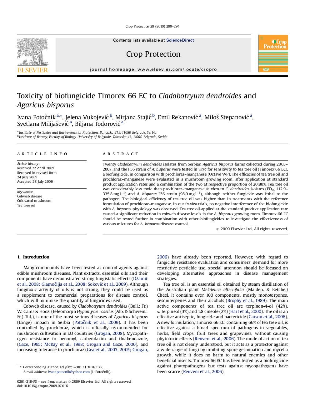 Toxicity of biofungicide Timorex 66 EC to Cladobotryum dendroides and Agaricus bisporus