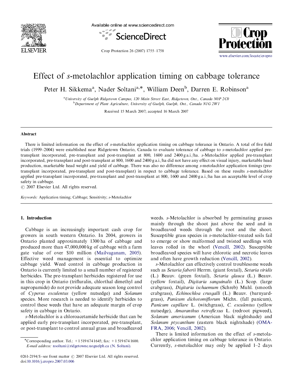 Effect of s-metolachlor application timing on cabbage tolerance