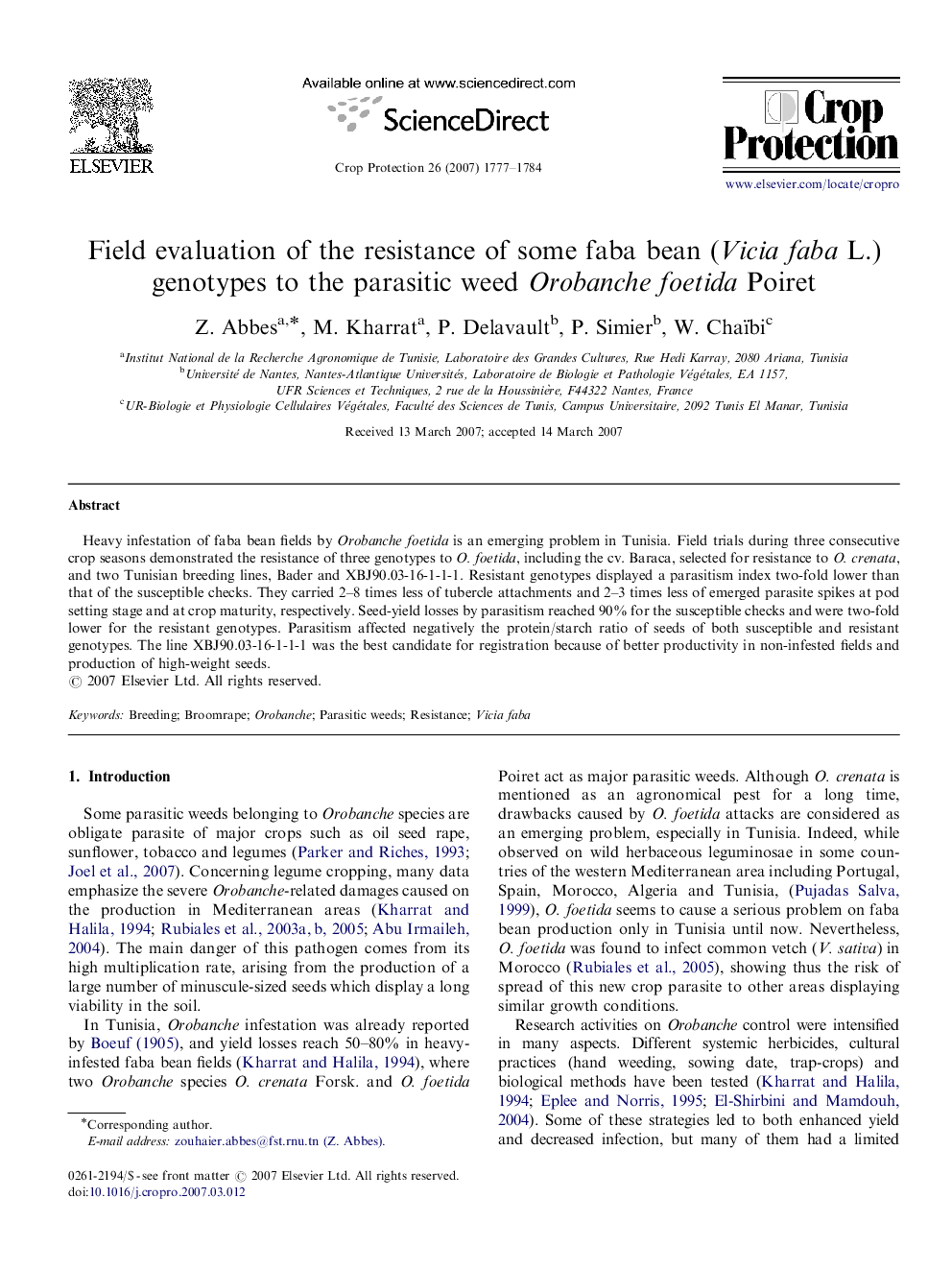 Field evaluation of the resistance of some faba bean (Vicia faba L.) genotypes to the parasitic weed Orobanche foetida Poiret