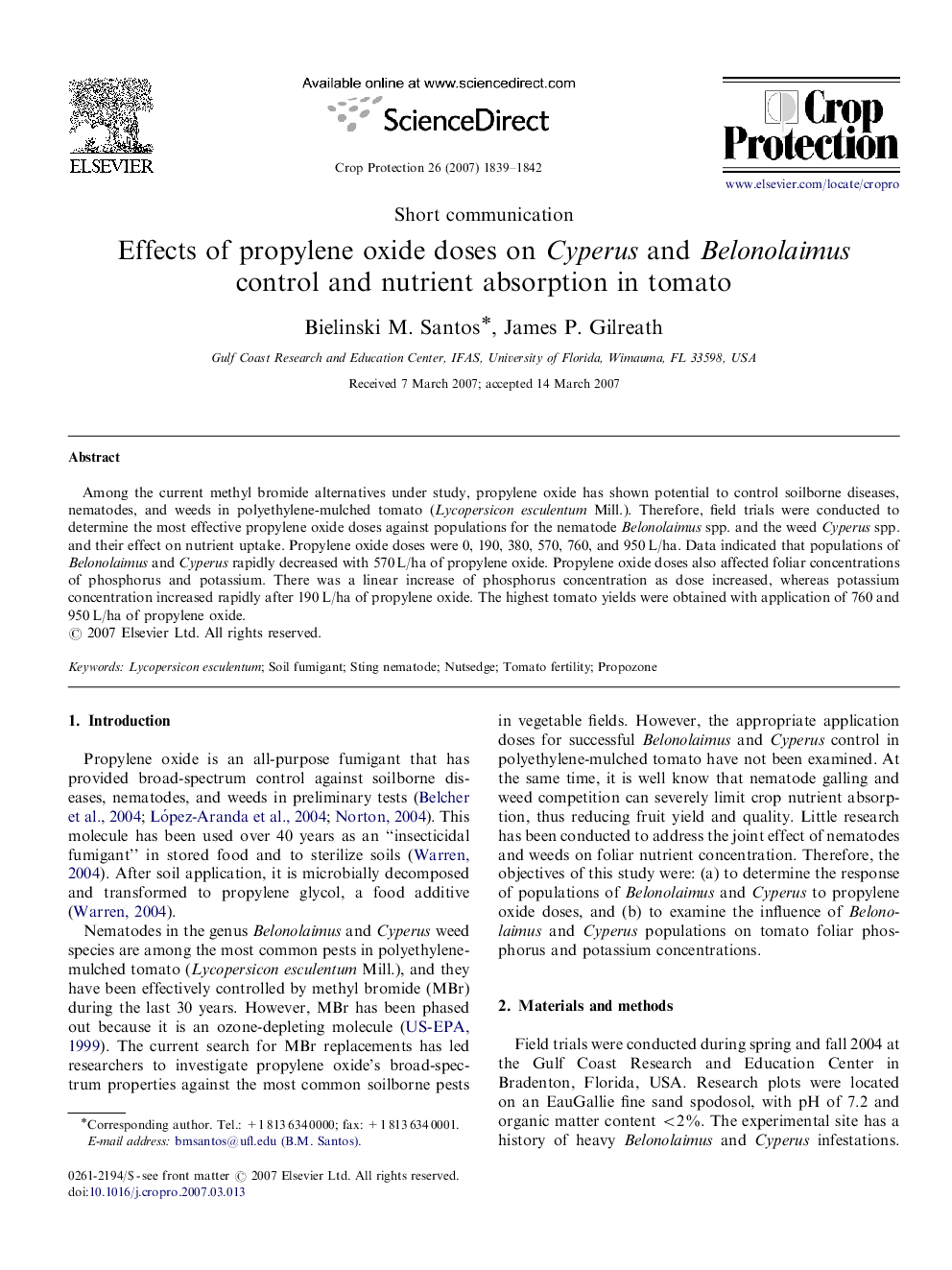 Effects of propylene oxide doses on Cyperus and Belonolaimus control and nutrient absorption in tomato