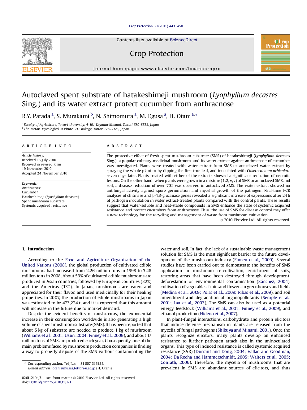 Autoclaved spent substrate of hatakeshimeji mushroom (Lyophyllum decastes Sing.) and its water extract protect cucumber from anthracnose