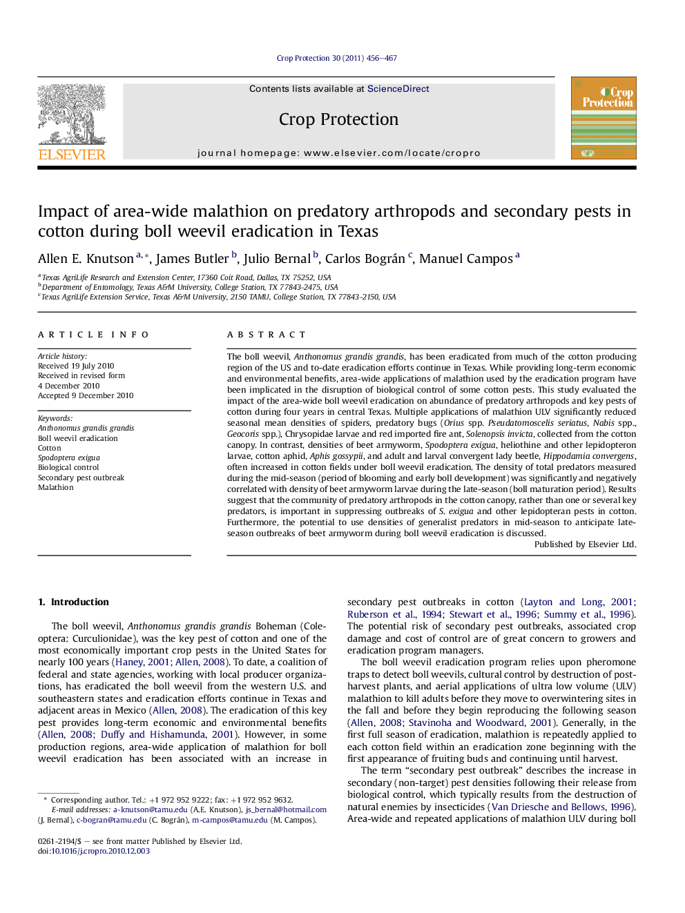 Impact of area-wide malathion on predatory arthropods and secondary pests in cotton during boll weevil eradication in Texas