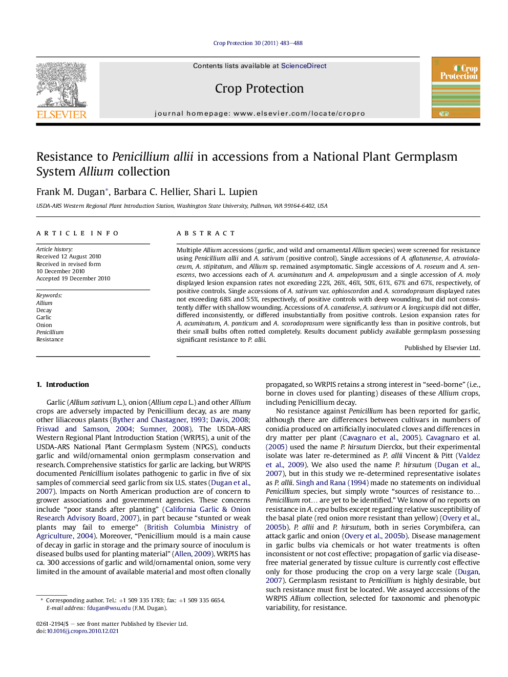 Resistance to Penicillium allii in accessions from a National Plant Germplasm System Allium collection