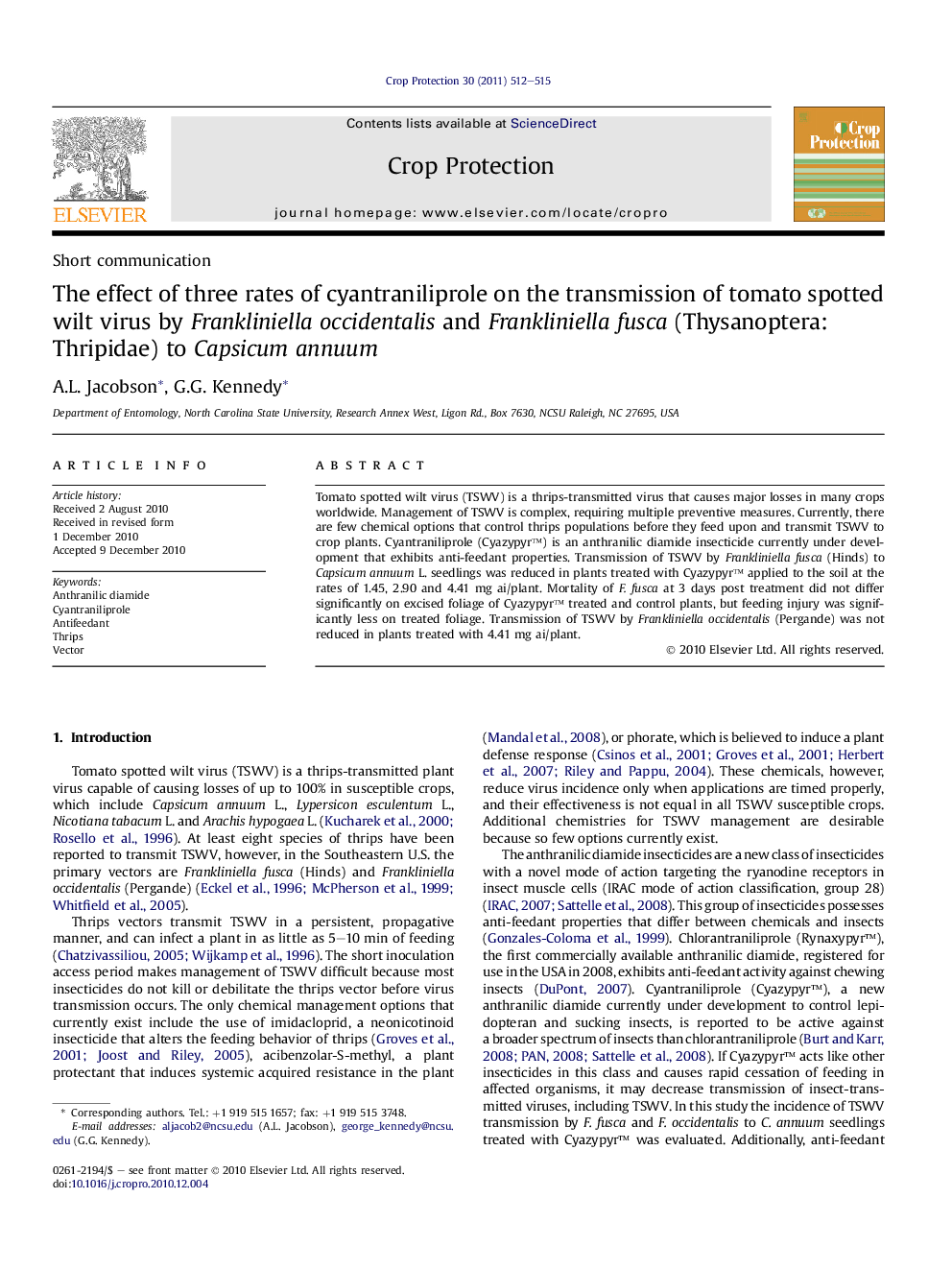 The effect of three rates of cyantraniliprole on the transmission of tomato spotted wilt virus by Frankliniella occidentalis and Frankliniella fusca (Thysanoptera: Thripidae) to Capsicum annuum