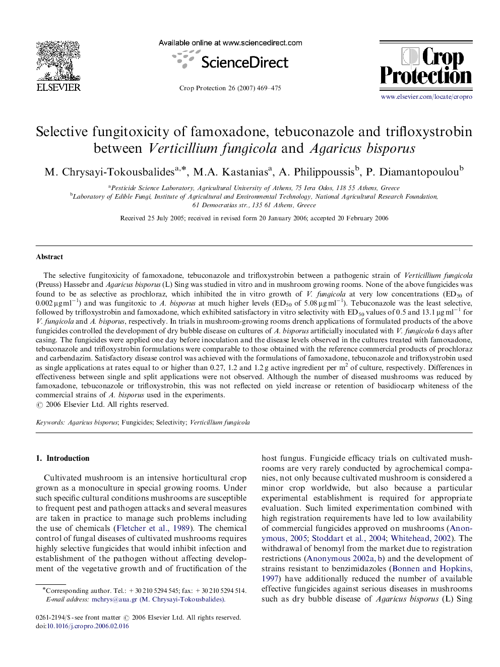 Selective fungitoxicity of famoxadone, tebuconazole and trifloxystrobin between Verticillium fungicola and Agaricus bisporus