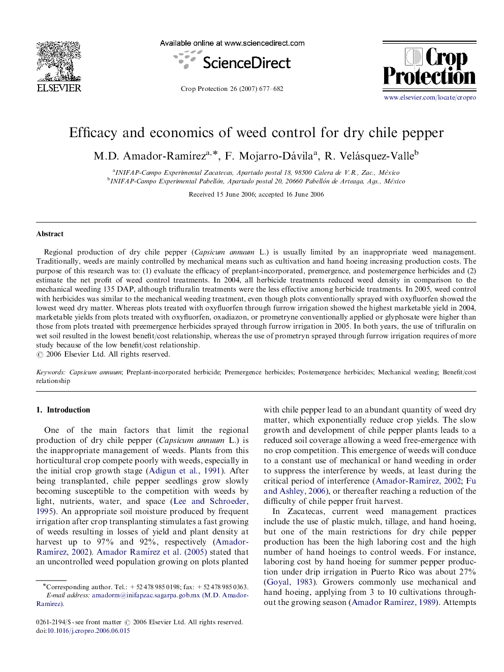 Efficacy and economics of weed control for dry chile pepper