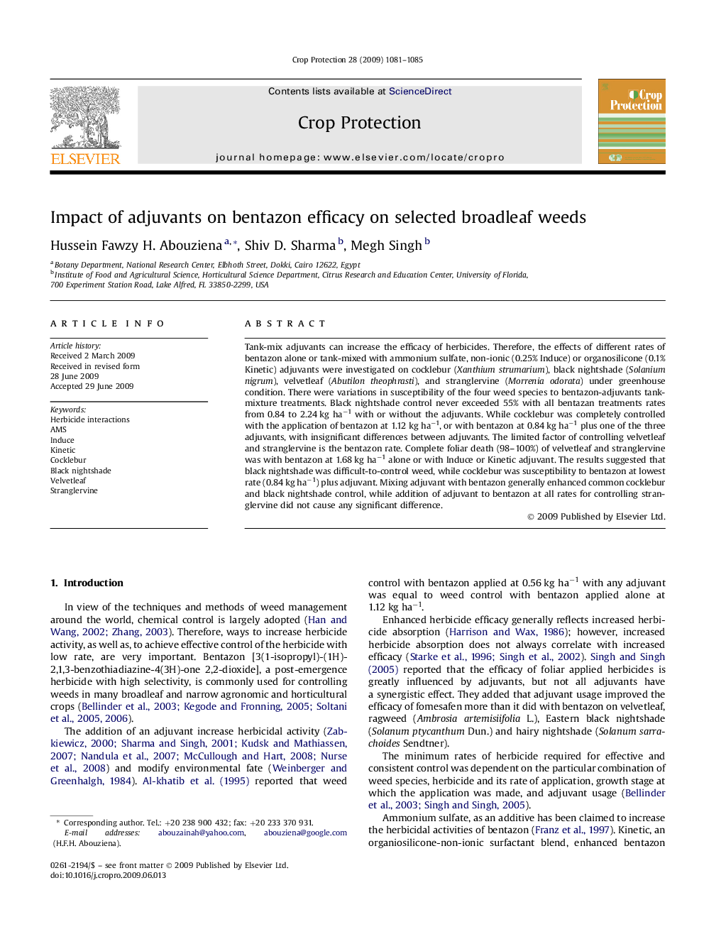 Impact of adjuvants on bentazon efficacy on selected broadleaf weeds